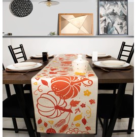 PurpleEssences Fall Table Runner Collection, 14x72-in Autumn Table Runner for Fall Harvest & Farmhouse Kitchen, 100% Cotton Thanksgiving Table Runners, Pumpkin & Wheat