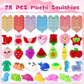28 Packs Valentines Day Gifts for Kids, Cute Mochi Squishy Toys and Valentines Cards with Hearts Box for School Boys Girls Exchange Gifts Classroom Prizes Valentine Party Favors