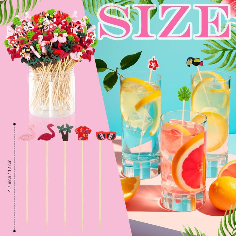 120 PCS Cocktail Picks Bamboo Toothpicks Pineapple Flamingo Beach Cactus