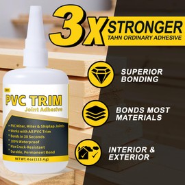 PVC Trim Glue, Bond Trim Joints in 30 Seconds, Allows Adjustment, PVC Trim Adhesive — Suitable for Lumber, Decking, Moulding, Column Covers, Permanently Strong, Waterproof, No Cracking, 4 oz