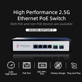 XikeStor 6-Port 2.5G Ethernet PoE+ Switch, 4X 2.5GBase-T PoE+ Ports, 2X 10Gbps SFP+, 75W IEEE802.3af/at Unmanaged 2.5Gb PoE Network Switch, Ethernet Hub, Metal Casing, Desktop/Wall-Mount