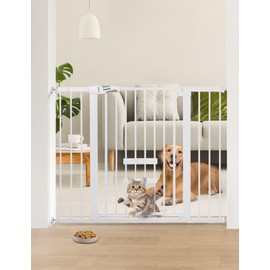 BABELIO 36 Inch Extra Tall Baby Gate with Cat Door, 29-48" Metal Pet Door for Stairs, Doorways, Auto Close, Easy Walk Thru,White