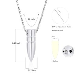 Bullet Cremation Jewelry Urn Pendant Necklace for Ashes Memorial Ash Keepsake Jewelry for Pet/Human (Silver)