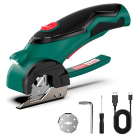 HYCHIKA Taglierina Elettrico Rotante 4V, Forbici Elettriche per Tessuti Wireless 300 giri/min, Taglierino Elettrico con 2 lame e un LED, Adatto per tessuti, Cucito, Pelle, Tappeti, Cartone e plastica