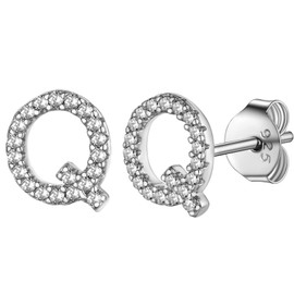 Initial Stud Earrings for Women Sterling Silver with Fully Zirconia Tiny Letter Q Capital Pierced Studs Name Jewellery