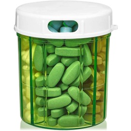 Pill Organizer Dispenser with 4 Compartments, Holder for Medication, Vitamins & Supplements Round Bottle Daily Pill Case Reminder Box