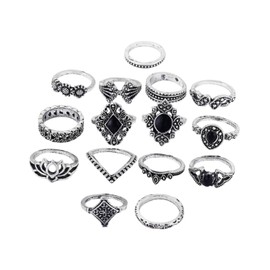 LEEQBCR Set of 15 Vintage Silver Punk Rings Set, Punk Grunge Vintage Rings, Stackable Gothic Rings Set, Finger Rings, Boho Y2K Accessories, Jewellery