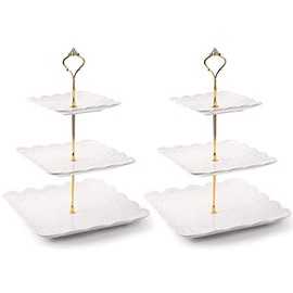 Tebery 2 Pack 3-Tier White Ceramic Embossed Dessert Cake Tower Stand with Gold Carry Handle, Cupcake Stand Serving Trays, Porcelain Party Food Server Display Holder
