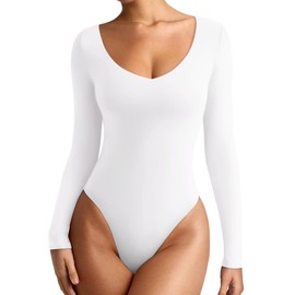 REORIA Women's Long Sleeve Bodysuits V Neck Slim Double Lined Basic Layering Body Suits Sexy Fall Going Out Tops Winter Outfits 2024(White Medium)