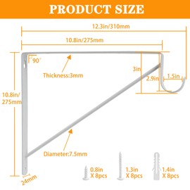 2 Pack Closet Shelf & Rod Brackets, Heavy Duty Closet Rod Bracket with Rod Holders, 11”x11”, 1-3/8” Dia White Wall Mount Clothes Hanger Closet Rod Support Bracket for Shelf Storage and Closet Rod