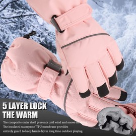 JANGANNSA Waterproof Children Ski Gloves Breathable Winter Mitten for Boys Girls Thinsulate Lined Kids Snowboard Glove 4-14Y(Skin Pink,10-14 Years)