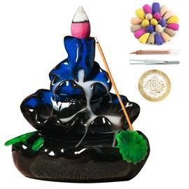 VVMONE Cute Ceramic Backflow Incense Holder Waterfall Incense Burner with 48 Incense Cones and 30 Incense Stick, Incense Fountain for Home Decor, Desk Decor (Dark Bule)