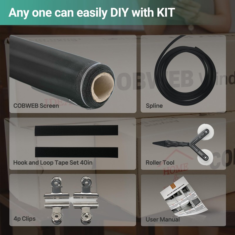 COBWEB Premium Window Screen DIY KIT 39" 51" Blocks Rain,