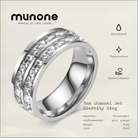 munone 8mm Double Row Channel Set Eternity Band Ring for Women Men,14k Gold Plated Titanium Cubic Zirconia Simulated Diamond Princess Cut Stackable Non Tarnish Comfort Band Ring