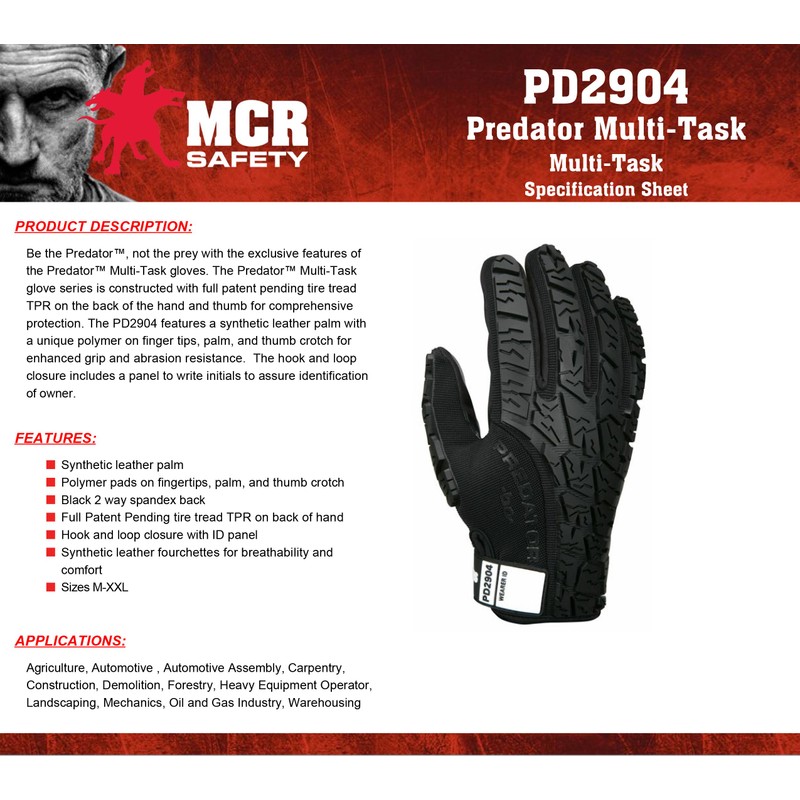MCR Safety PD2904M Predator Multitask Fabric, Tire Tread Back, Breathable,