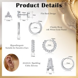 FANCH 4 Pairs of Earrings Set for Men and Women for Multiple Piercings, Lightweight 14K Gold-Plated Small Stud Earrings Cubic Zirconia Stud Earrings Hoop Earrings for Cartilage Helix Lobe