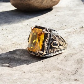 Vintage Style Men's Ring, Emerald Cut Citrine Gemstone, Sterling Silver with Black Onyx Accents (8)