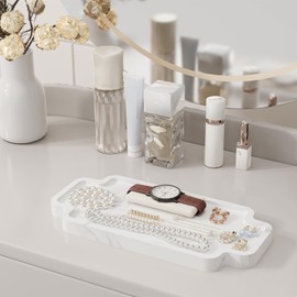 Yawinhe Set of 2 Bathroom Trays, Jewellery Tray, Cosmetic Organiser, Vanity Shelf, Decorative Plate, for Washbasin, Bathtub, Kitchen Sink and Toilet, 30 x 12.5 x 2 cm, Marble White