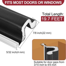 Kerf Door Weather Stripping 19.7 Ft V-Shaped Door Seal Strip for Large Gap Front Door Frame Extra Thick Sealers Replacement Exterior Entry Door Jamb Gasket Easy Installation (Black, 4 Gaskets)