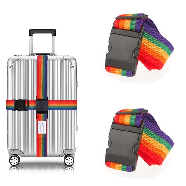 Suitcase Belt, Adjustable High Elasticity Fastening Band, Packing Band (2 Pieces of Rainbow Color), Luggage Fastening, Trunk Belt, Prevents Loss, One-Touch Type, Multi-Purpose Load Tightening Belt, Name Tag, Convenient Goods for Business Trips, Travels, 
