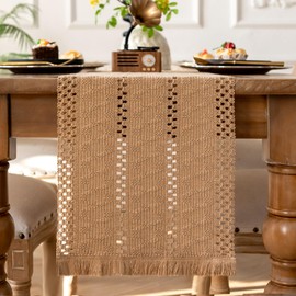 Table Runner Brown 30 x 140 cm Boho Decoration with Macrame Tassels Cotton and Linen Tablecloth for Dining Table Kitchen for Weddings Rustic Country Style Washable Natural Colours