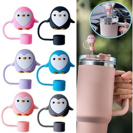 Cute Penguin Straw Covers Cap Toppers for Cup 10mm, Silicone Cartoon Penguin Straw Tips Lids Protector BPA Free for 10mm Cup Accessories, Reusable Dust-Proof Cap (Pink)