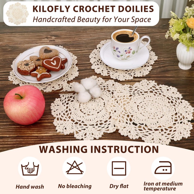 kilofly Crochet Cotton Lace Table Placemats Doilies Value Pack, 4pc,