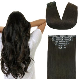 FUOTONBUTY Clip-In Real Hair Extensions, Double Stitched, 7 Pieces, Clip-In Extensions, Dark Brown to Black, Real Hair Extensions Clip-In 90 g, Natural Real Hair Extensions 60 cm