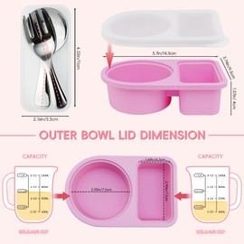 3 PCS Reusable Silicone Snack Containers with Lids, Double Compartment Snack Containers for Sauce, 8 oz Reusable Silicone Food Storage Box for Lunch Includes 304 Stainless Steel Fork & Spoon, Upgrade
