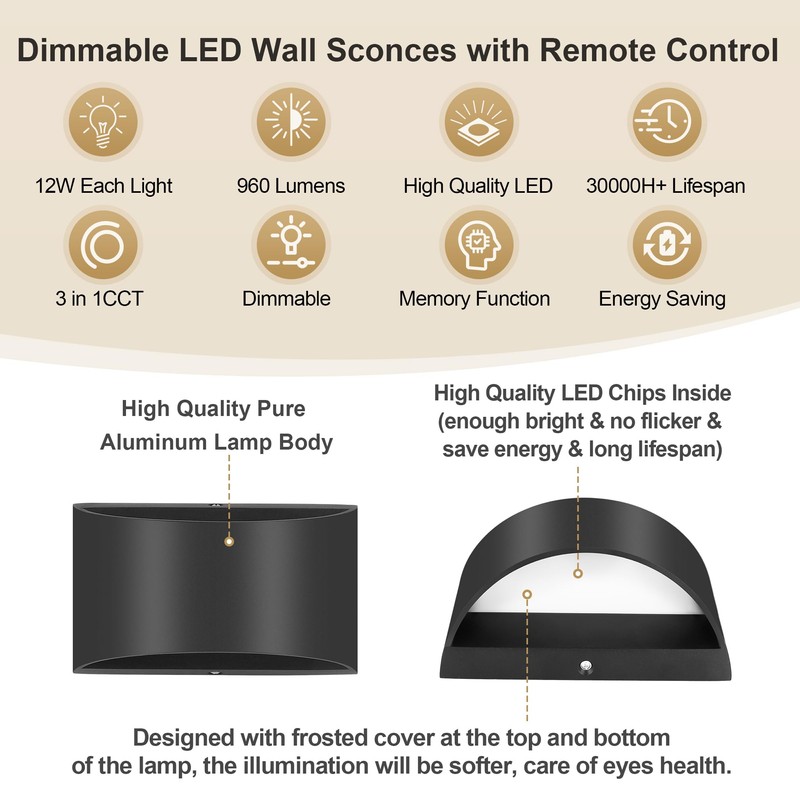 TRLIFE Modern LED Wall Sconces, Remote Control Dimmable and Adjustable