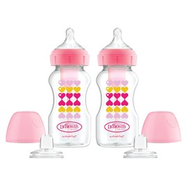 Dr. Brown's™ Options+™ Kit de iniciación de botellas de cuello ancho, pezones de nivel 3 con boquilla de transición, paquete de 2 paquetes de 9 onzas, corazones rosados, 6 meses +