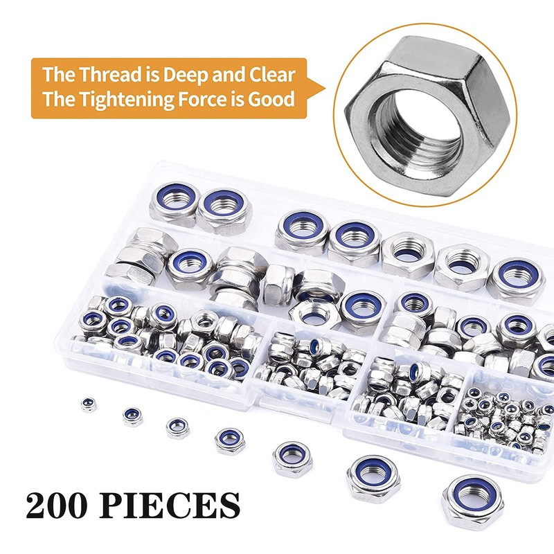 YIYICO Self-Locking Nuts Assortment Hex Nuts Locking Nuts 200 Pieces