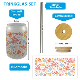 speecheese Mushroom drinking glass with bamboo lid in watercolour style, a colourful glass for your favourite drink with motif creative women peace birthday toadstool flower power mushroom picnic