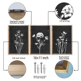 Flower Plant Wall Art Decor 16"x11" Set of 3 Black And White Botanical Painting Wood Framed For Minimalist Bedroom Office Rustic Living Room Abstract Wildflower Sign Hanging (Wood Black)