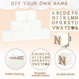 Custom Wooden Name Blocks, 10 Pcs Wooden Baby Blocks and 84 Gold Letter Blocks for Nursery Decor Nursery Name Wooden Cubes OH BABY Sign Baby Showers Newborn Custom Present Baby Learning Toys (White)