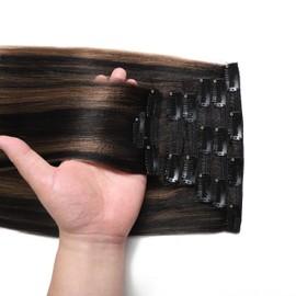 Loxxy Clip in Hair Extensions Yaki Straight, 100% Real Hair, Natural Black Mixed Chestnut Brown Color, Yaki Human Hair Clip in Extensions 20 Inches 7Pcs 120g for Black Women