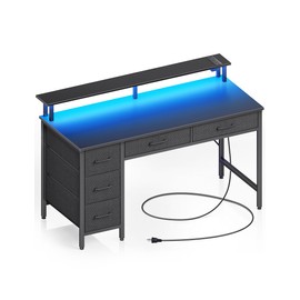 Seventable Computer Desk with Power Outlets & LED Light, 47 inch Home Office Desk with 5 Drawers, Writing Desk with Monitor Stand, Work Desk for Home Office, Black