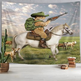 DYNH Funny Animals Tapestry,Cat Cowboy with Rifle Rides A Horse on Green Grass Ranch Cow Dog Wall Tapestry Hanging for Bedroom Living Room Dorm TV Background,80x60In