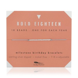 Lucky Feather Milestone 18th Birthday Gifts For Women - Sterling Silver Dipped Beads Bracelet on Adjustable 7”- 8” Cord - Bold 18 Year Old Gifts