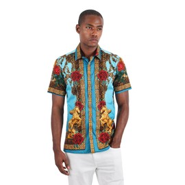 Barabas Men's Leopard and Rhinestone Floral Short Sleeve Shirts 3SR418 Pink M