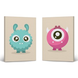 Smile Art Design Lovely Blue and Pink Monster Cream Background 2 PIECE CANVAS PRINT SET Kids Room Decor Wall Art Baby Boy and Girl Room Decor Ready to Hang Made in the USA (12x8) x2