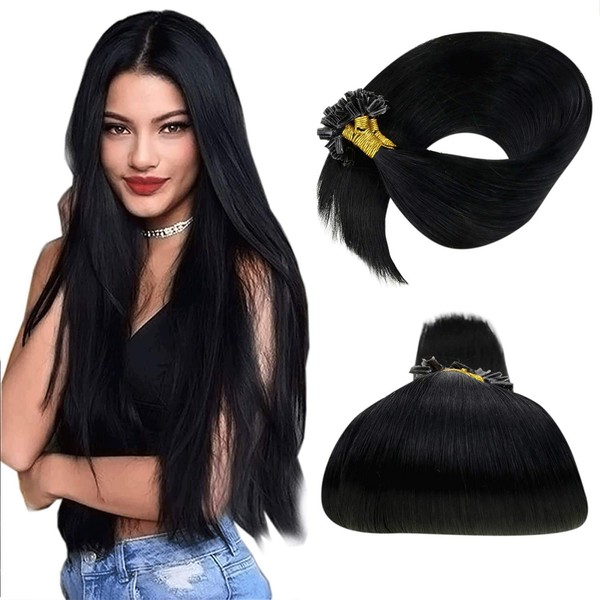 LaaVoo Utips Hair Extensions Remy Human Hair Invisible Pre Bonded Nail Tip Hair Extensions Jet Black U Tips Keratin Extensions Human Hair Natural U Tips Black Hair Extensions Long 50g 1g/s 22”
