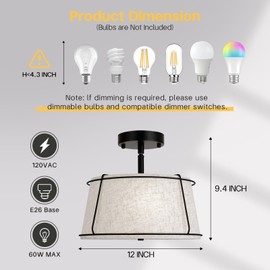 13'' Semi Flush Mount Ceiling Light Fixture,3-Light Black Light Fixtures Ceiling Mount with Linen Drum Fabric Shade,Modern Close to Ceiling Lamp for Bedroom Dining Room Kitchen Hallway (Adjustable)