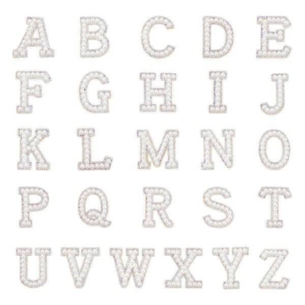 NBEADS 26 Pcs A-Z Letter Pearl Rhinestone Patches, Glitter Alphabet Applique Rhinestone Pearl English Letter Sew On Patch for DIY Clothes Dress Plant Hat Jeans Sewing Supplies, 43-48x20-51x5.5mm