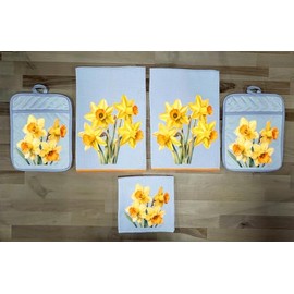 Liberty Flags & Gifts 5 Piece Set - 2 - Waffle Weave Towels and 2 - Pocket Pot Holder - 1 - Wash Cloth - Daffodil's Spring Flowers - DZ006-ORWH5pc, White