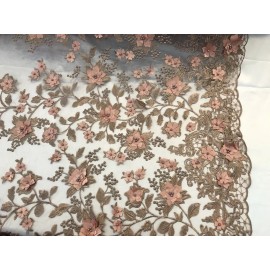 NEW CREATIONS FABRIC AND FOAM INC ROSE GOLD PRINCESS 3D FLORAL EMBROIDER WITH PEARLS ON A MESH-SOLD BY THE YARD.