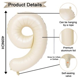 40 Inch Beige Numbers 9 Balloons, Large Self Inflating Cream White Digital 9 Helium Balloons, Giant Foil Mylar Number 9 Balloons for Women Men Girls Boys 9th Birthday Party Anniversary Decorations