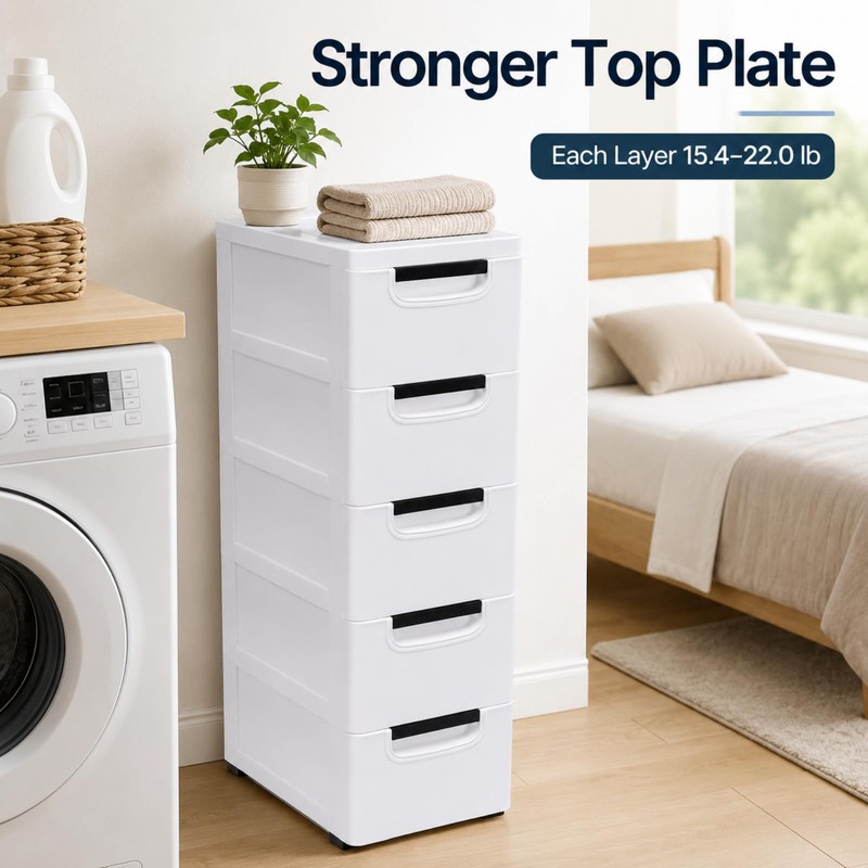 5-Drawer Narrow Storage Cabinet with Wheels, Slim Plastic Storage Drawers