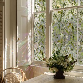 Flortlias Rainbow Watercolor Green Leaves Window Film, Privacy Iridescent Static Cling Double-Sided Decals for Window Door Glass Decor, Herbs, 118.11" x 16.93"