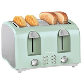 OVENTE Electric 4-Slice Toaster Machine with 6-Shade Selector Setting, Cancel Button, Defrost Function, Crumb Tray, 1400W Power and Wide Slots for Bagels, Waffles and Puff Pastry, TS4410LBL